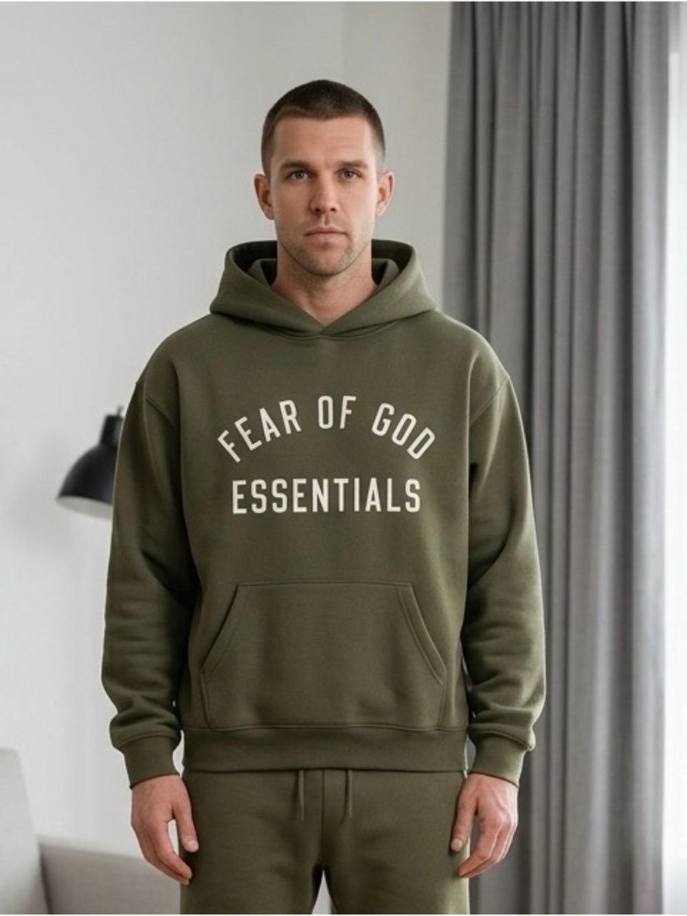 Fear of God Essentials Olive Green Logo Hoodie